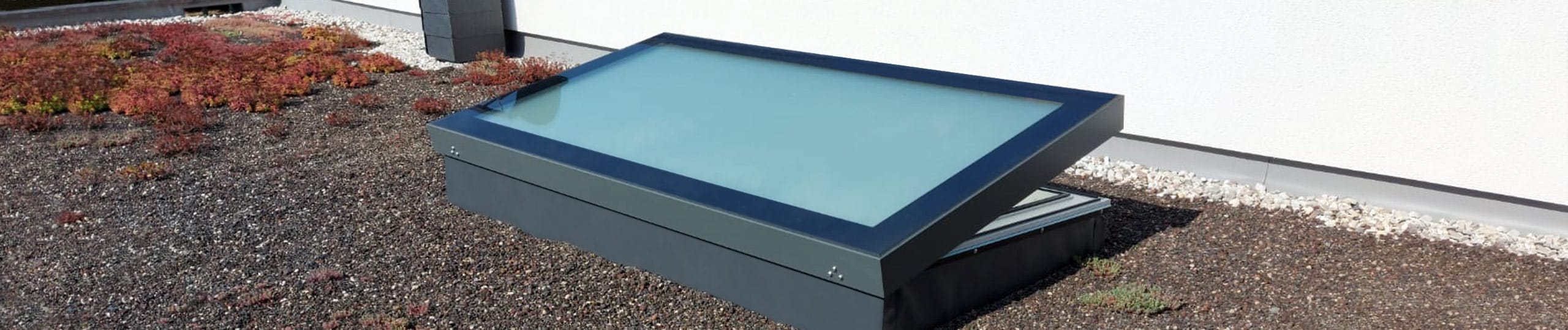 Geöffnetes Oberlicht: SkyVision COMFORT auf einem Flachdach mit Begrünung