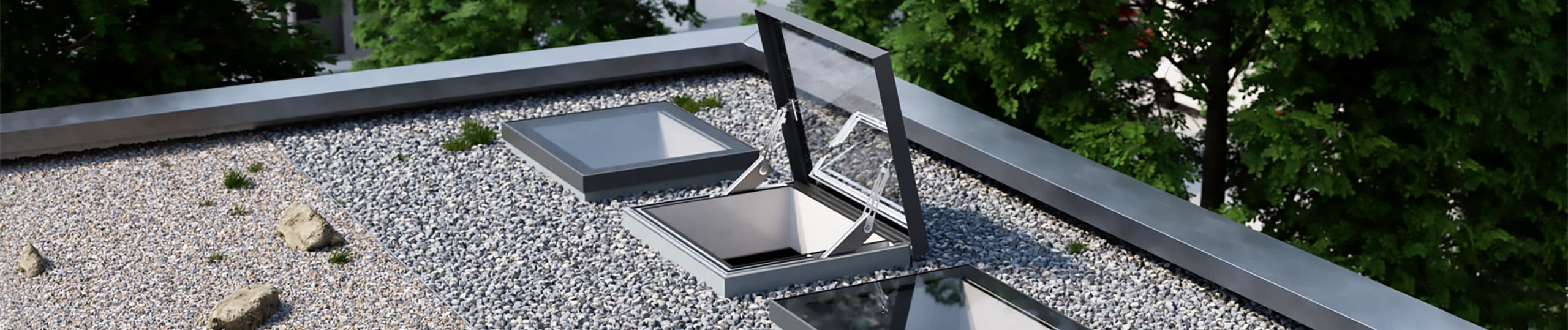 3D-Visualisierung dreier SkyVision Flachdachfenster mit offenem Ausstiegsfenster ACCESS in der Mitte